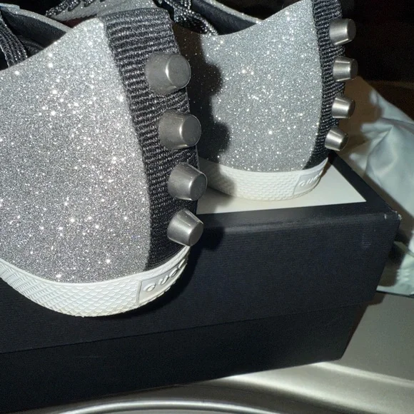 Gucci Silver Glitter Sneakers with Red and Blue Stripes